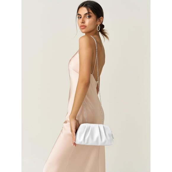 ⚡Women's Soft Pleated Vegan Leather Zipper Closure Evening White Clutch Bag - Picture 6 of 6